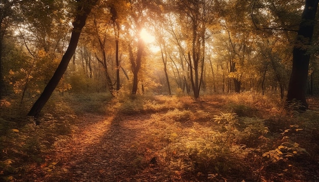 Осенний лес светится яркой желтой красотой, созданной искусственным интеллектом