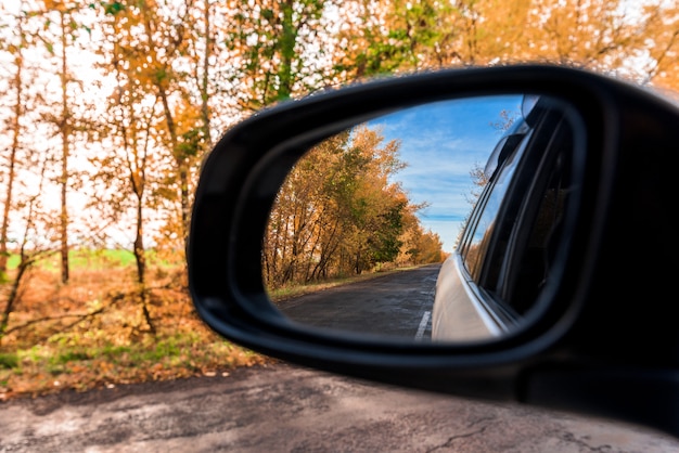 La foresta autunnale si riflette nello specchietto retrovisore dell'automobile