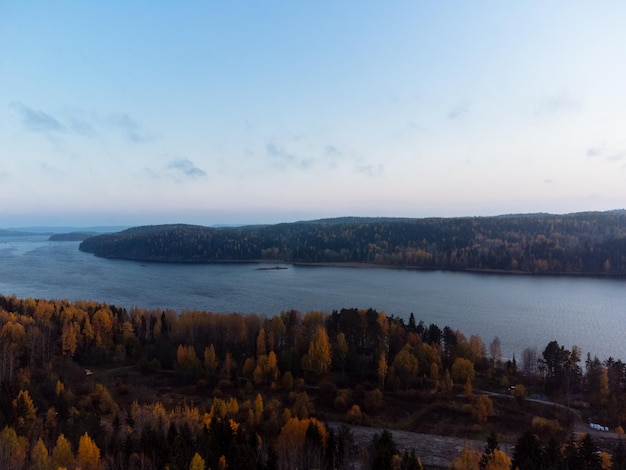 The autumn forest and lakes from above The Ruskeala Park view from the drone