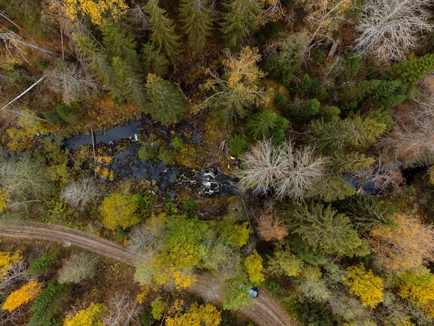 The autumn forest and lakes from above The Ruskeala Park view from the drone