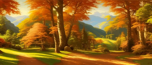 Autumn forest landscape Colorful vector illustration autumn season Red yellow trees