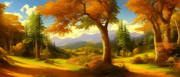 Autumn forest landscape Colorful vector illustration autumn season Red yellow trees