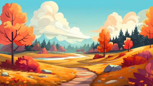 漫画スタイルの秋の森林風景イラスト 風景の背景