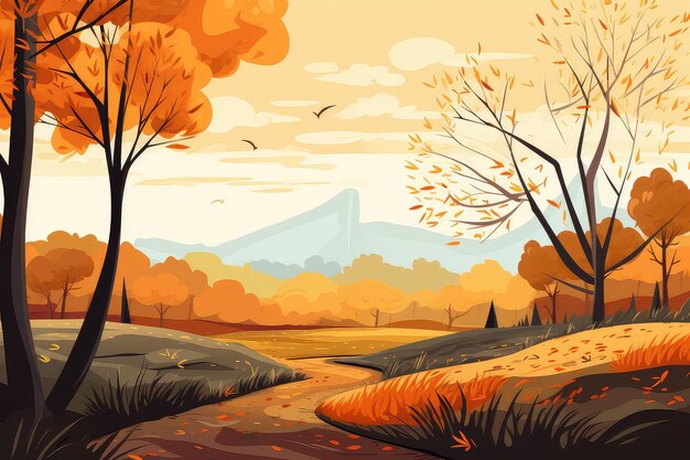 黄色の木々が茂る秋の森の風景イラスト
