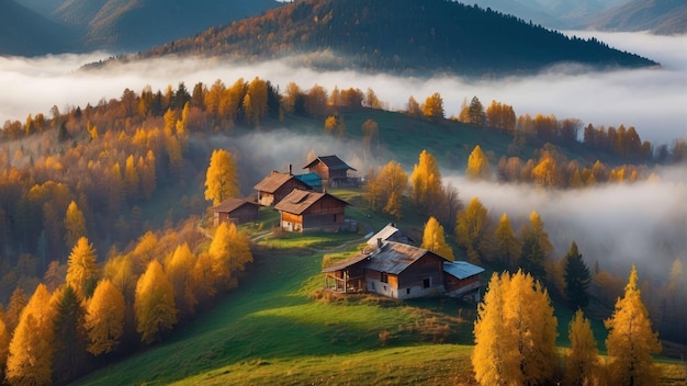 Photo autumn forest landscape with mountain cabins