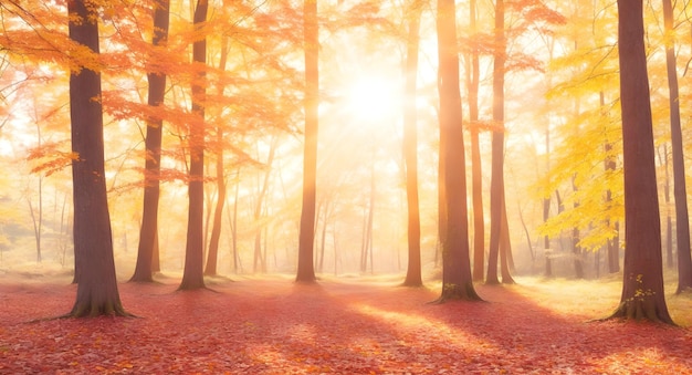 秋の森の風景と朝の太陽の光