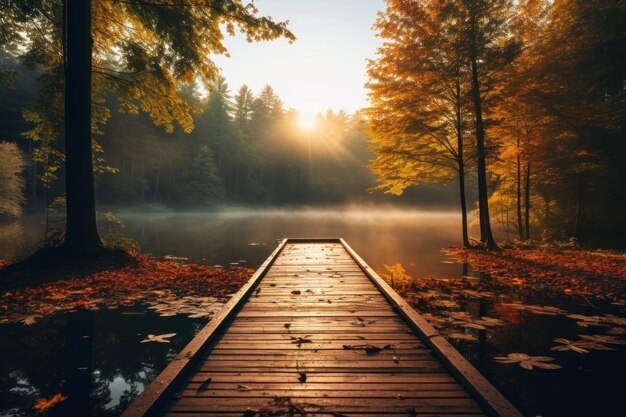 木製の埠頭のある秋の森の風景