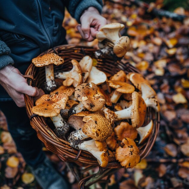 Photo autumn forest mushroom picking scene with basket full of mushrooms