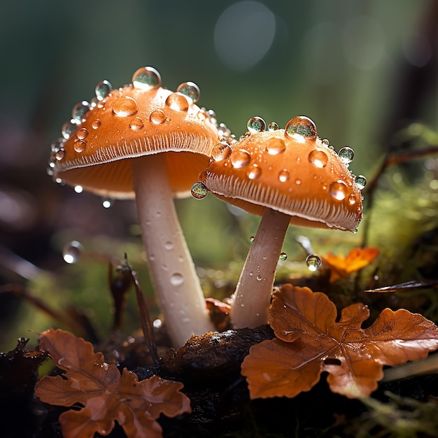 Autumn Forest Mushrooms with Raindrops Macro Delight