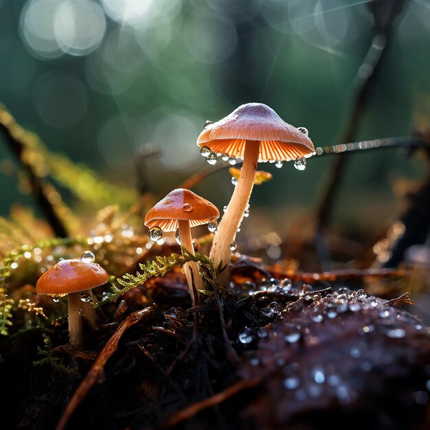 Autumn Forest Mushrooms with Raindrops Macro Delight