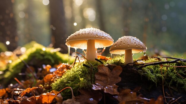 Autumn Forest Mushrooms with Raindrops Macro Delight