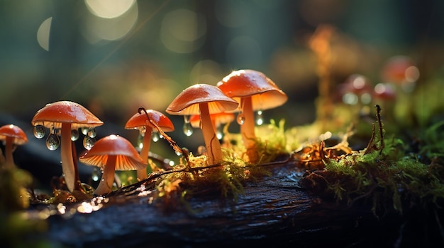 Autumn Forest Mushrooms with Raindrops Macro Delight