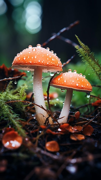 Autumn Forest Mushrooms with Raindrops Macro Delight