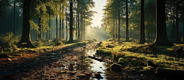 Photo autumn forest nature sunny afternoon in the forest with sunlight through the gaps in the trees natural landscape with sunlight