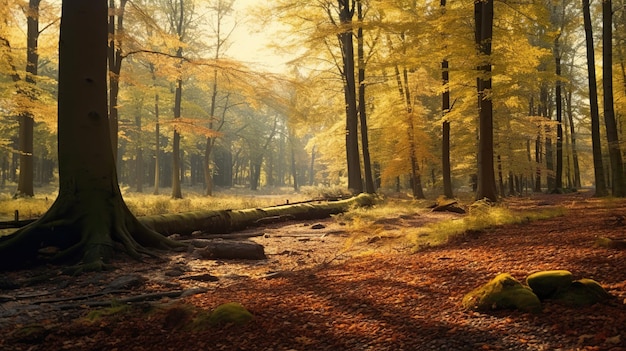 Autumn forest nature Vivid morning in colorful forest with sun rays