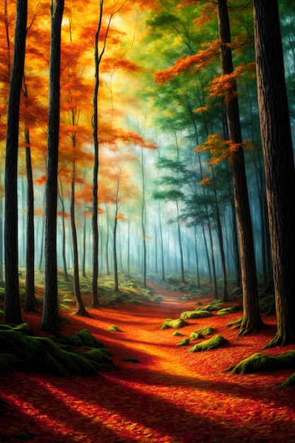 Autumn forest nature with woods painting generative ai illustrations