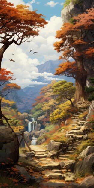 Photo autumn forest painting digital fantasy landscape with peculiar maple