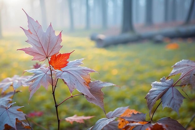 Autumn forest path Orange color tree red brown maple leaves in fall city park Nature scene in sunset fog Wood in scenic scenery Bright light sun Sunrise of a sunny day morning sunlight view