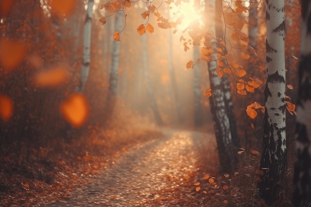 Autumn forest path with colorful trees and leaves in city park