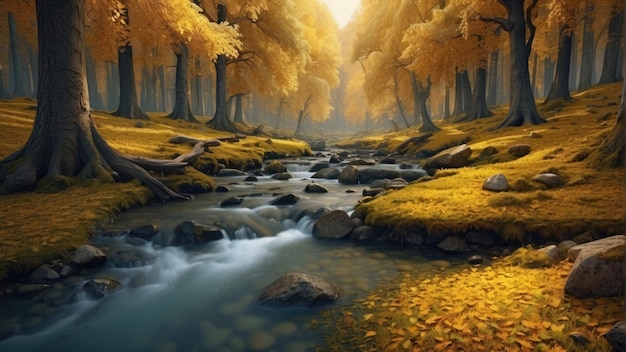 秋の森の景色小川と葉っぱ