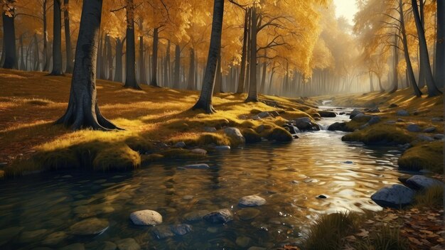 Autumn forest scene with stream and foliage