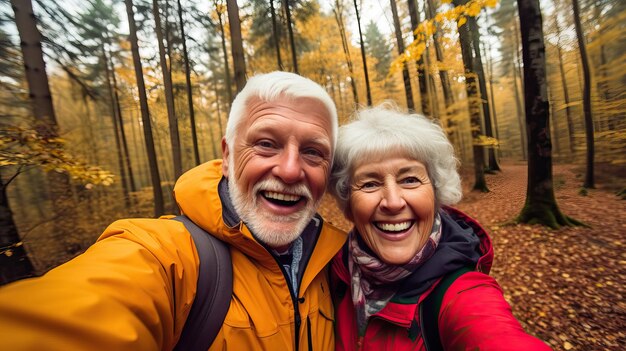 Autumn Forest Selfie Stijlvol oudere echtpaar in heldere jassen