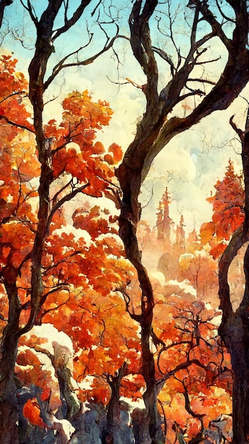 晴れた朝の 3 d イラストレーションで秋の森