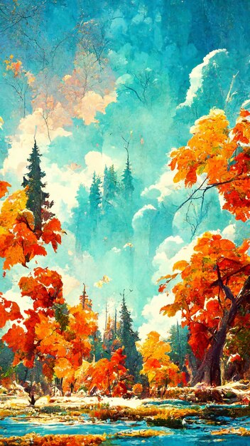 Autumn forest in the sunny morning 3D illustration