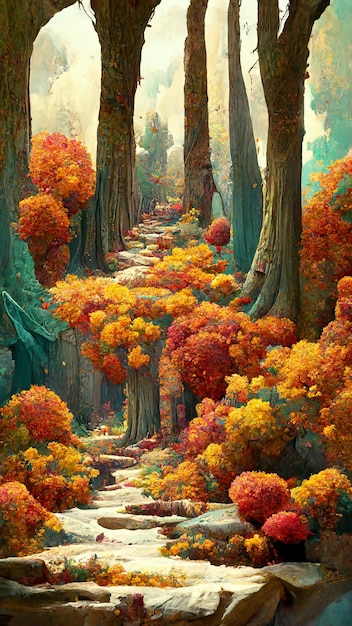 autumn forest in the sunny morning 3d illustration