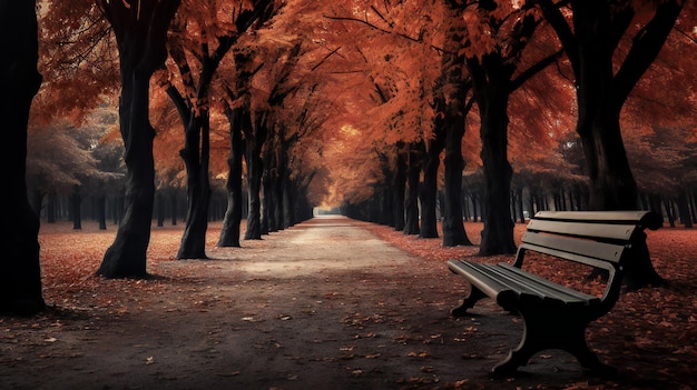 道路のにベンチがある秋の森