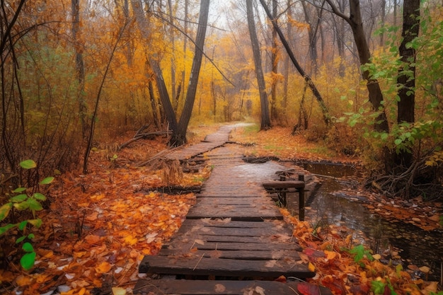 Autumn forest with duckboards path and colorful foliage