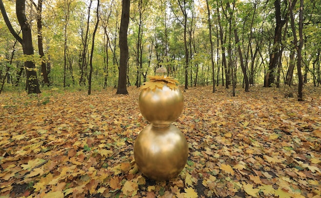 autumn forest with fallen leaves,decorative golden balls