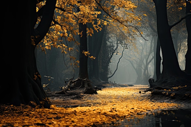 Autumn forest with fallen leaves and a path in the fog.