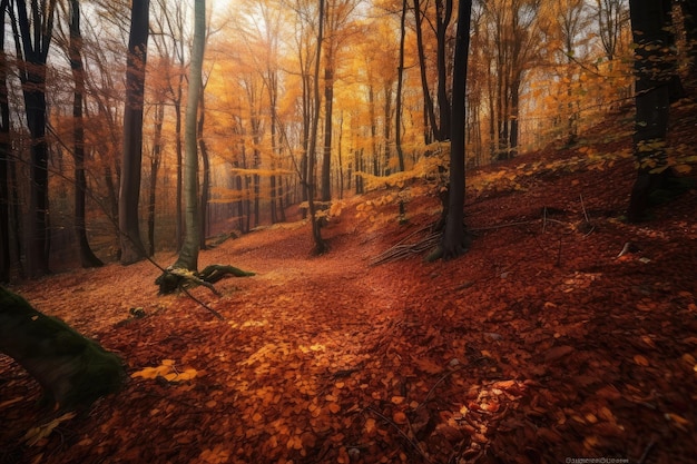 생성 AI로 만든 낙엽과 풍부한 색상의 가을 숲