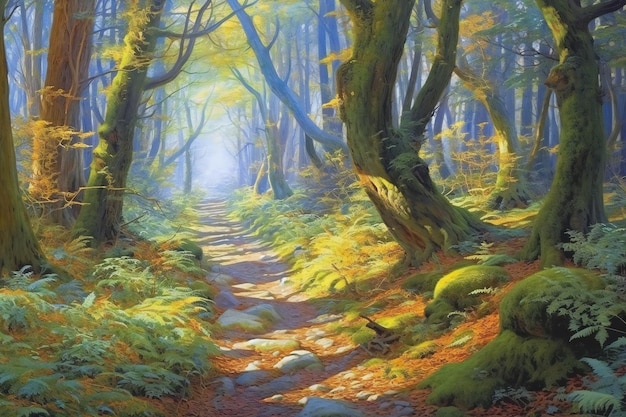 Autumn forest with a path in the fog Digital painting