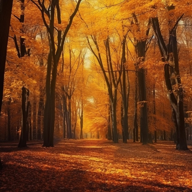 Autumn forest with a path and trees with leaves on the ground
