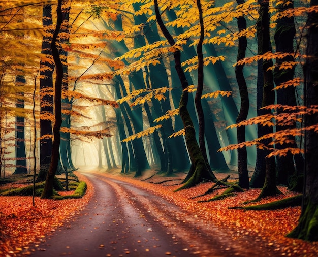 autumn forest with trees and leaves