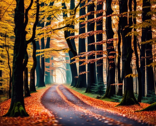 Autumn forest with trees and leaves