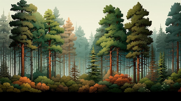 autumn forest with trees pines and fog vector illustration