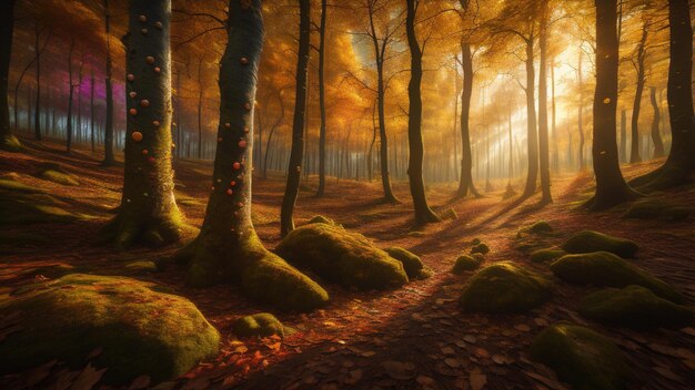 Autumn in forest with trees