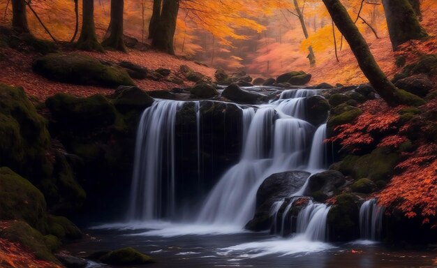 Autumn forest with waterfall Generative AI Illustration