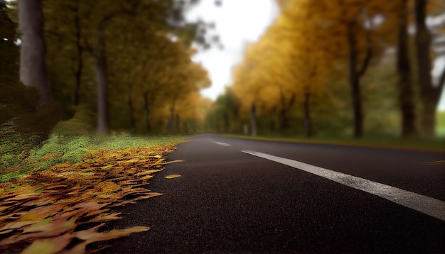 Autumn forest yellow leaves tranquil rural road generative AI