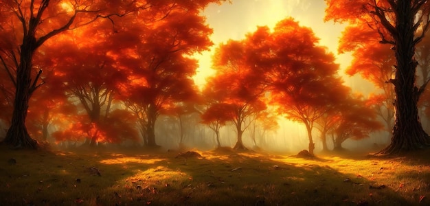 Autunno nella foresta fogliame giallo arancio sugli alberi mattina nel parco dei grandi alberi illustrazione 3d