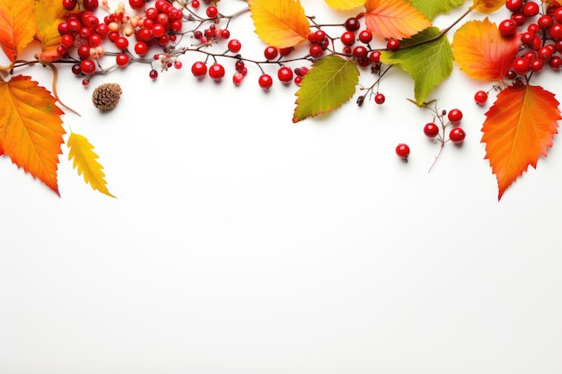 Осенняя рамка из листьев и ягод на белом фоне