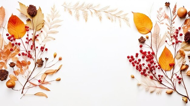 Осенняя рамка с сушеными листьями, ягодами каштанов на белом фоне Генеративный AI