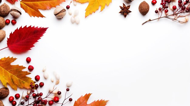 Autumn frame composition with dried leaves chestnuts red berries on white background Generative AI