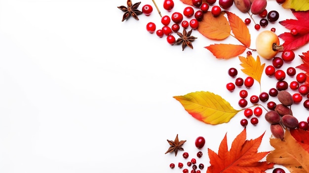 Осенняя композиция с сушеными листьями, каштанами, красными ягодами на белом фоне Генеративный AI
