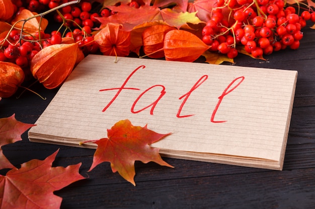 Cornice autunnale di foglie di autunno, bacche e mele con biglietto di auguri. texture di grande stagione con atmosfera autunnale