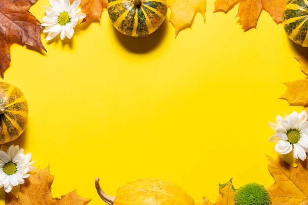 Foto cornice autunnale con foglie di acero e zucche decorative