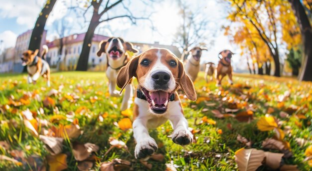 Autumn Frolic Joyful Beagles sprinten door een park versierd met herfstbladeren Generatieve AI